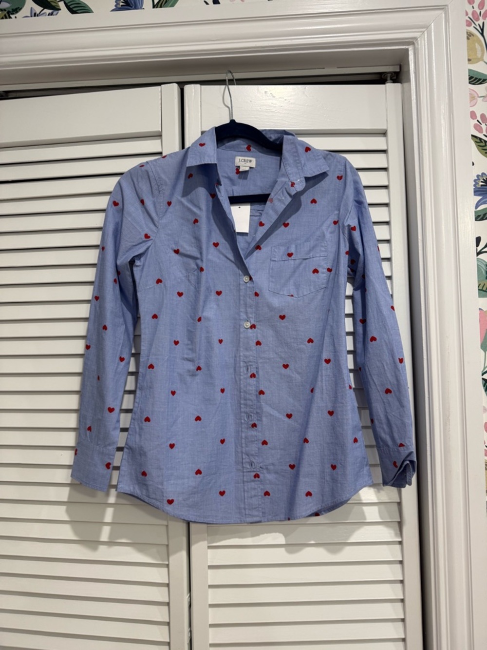 NWT J.Crew Blue Button-Up Shirt with Red Heart Print